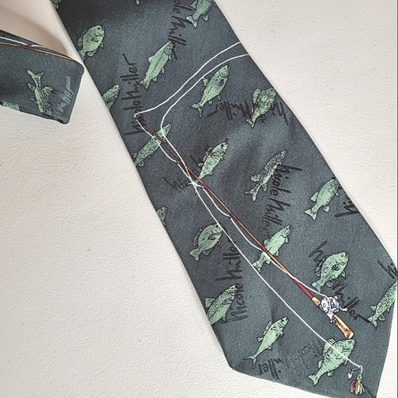 Nicole Miller Green Fish and Rod 100% Silk Hand Sewn Fishing Enthusiast Necktie - Picture 2 of 6